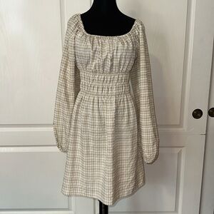 LEYDEN CREAM TAN GINGHAM RUCHED DETAIL BALLOON SLEEVE WESTERN DRESS